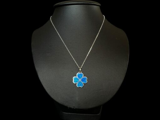 Blue Opal Pendant Clover Blossom Silver Jewelry Detail Shot - Pendant and Chain Shot - Lefkara Silver