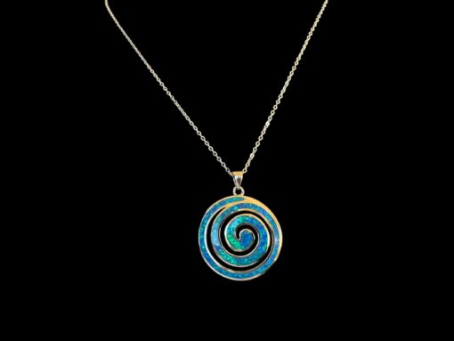 Blue Opal Pendant Cosmic Spiral Silver Jewelry Detail Shot - Pendant and Chain Shot - Lefkara Silver