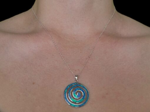 Blue Opal Pendant Cosmic Spiral Silver Jewelry Wear Shot - Model Shot - Lefkara Silver