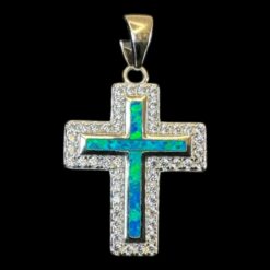 Blue Opal Pendant Cross Halo Silver Jewelry Product Shot - Isolated View - Lefkara Silver