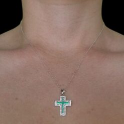 Blue Opal Pendant Cross Halo Silver Jewelry Wear Shot - Model Shot - Lefkara Silver