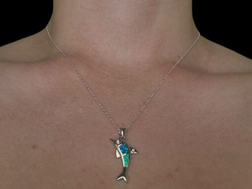 Blue Opal Pendant Dolphin Dance Silver Jewelry Wear Shot - Model Shot - Lefkara Silver