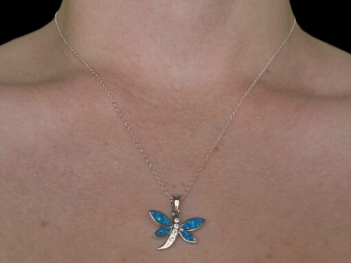 Blue Opal Pendant Dragonfly Breeze Silver Jewelry Wear Shot - Model Shot - Lefkara Silver