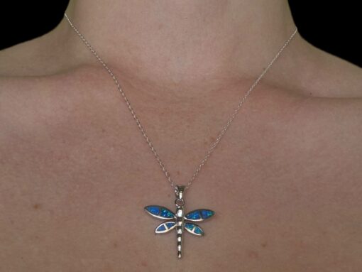 Blue Opal Pendant Dragonfly Spirit Silver Jewelry Wear Shot - Model Shot - Lefkara Silver