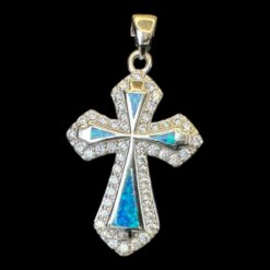 Blue Opal Pendant Elegant Cross Silver Jewelry Product Shot - Isolated View - Lefkara Silver