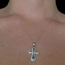 Blue Opal Pendant Elegant Cross Silver Jewelry Wear Shot - Model Shot - Lefkara Silver