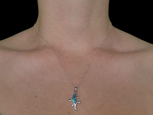 Blue Opal Pendant Gecko Spirit Silver Jewelry Wear Shot - Model Shot - Lefkara Silver