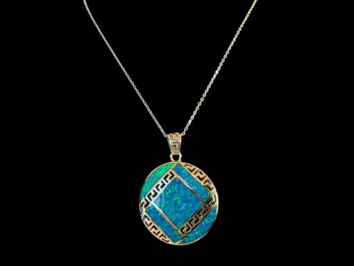 Blue Opal Pendant Grecian Medallion Silver Jewelry Detail Shot - Pendant and Chain Shot - Lefkara Silver