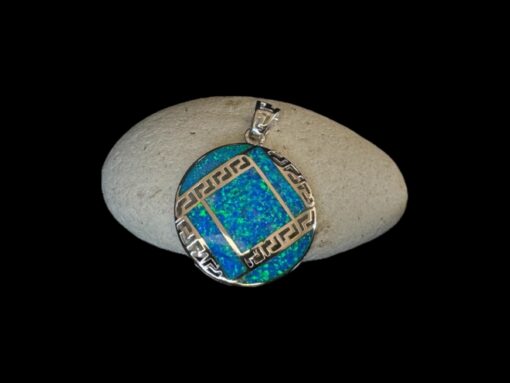 Blue Opal Pendant Grecian Medallion Silver Jewelry Display Shot - Prop Shot - Lefkara Silver