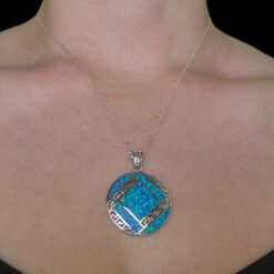 Blue Opal Pendant Grecian Medallion Silver Jewelry Wear Shot - Model Shot - Lefkara Silver