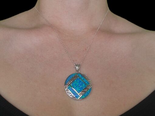 Blue Opal Pendant Grecian Medallion Silver Jewelry Wear Shot - Model Shot - Lefkara Silver