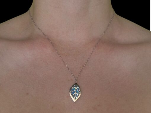 Blue Opal Pendant Leafy Veil Silver Jewelry Wear Shot - Model Shot - Lefkara Silver