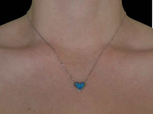 Blue Opal Pendant Luminous Heart Silver Jewelry Wear Shot - Model Shot - Lefkara Silver