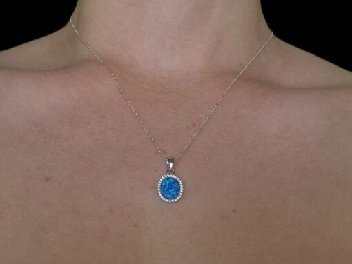 Blue Opal Pendant Oval Cluster Silver Jewelry Wear Shot - Model Shot - Lefkara Silver