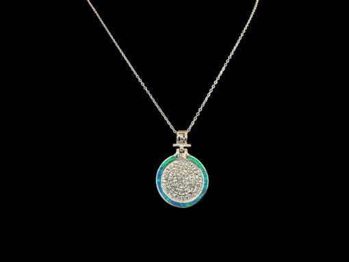 Blue Opal Pendant Phaistos Disk Halo Silver Jewelry Detail Shot - Pendant and Chain Shot - Lefkara Silver