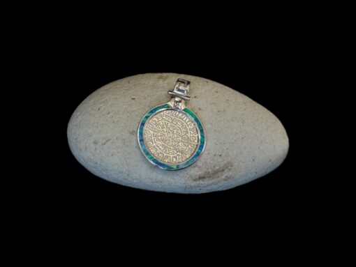 Blue Opal Pendant Phaistos Disk Halo Silver Jewelry Display Shot - Prop Shot - Lefkara Silver