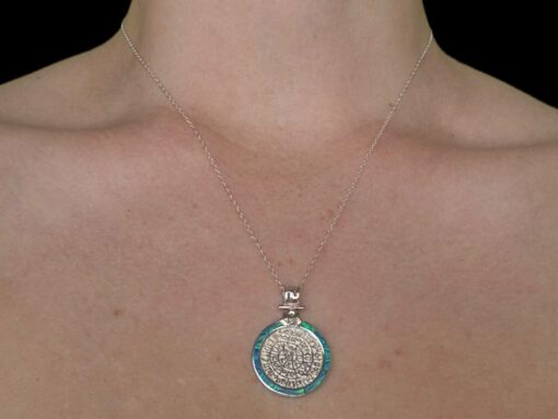 Blue Opal Pendant Phaistos Disk Halo Silver Jewelry Wear Shot - Model Shot - Lefkara Silver