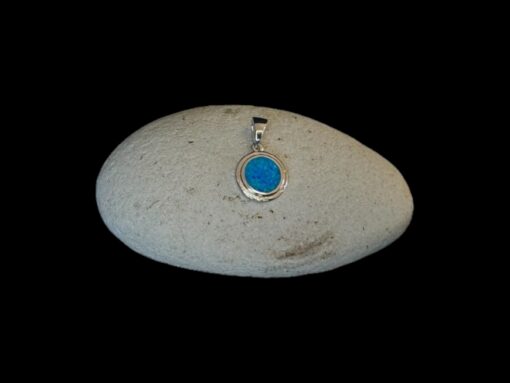 Blue Opal Pendant Radiant Circle Silver Jewelry Display Shot - Prop Shot - Lefkara Silver