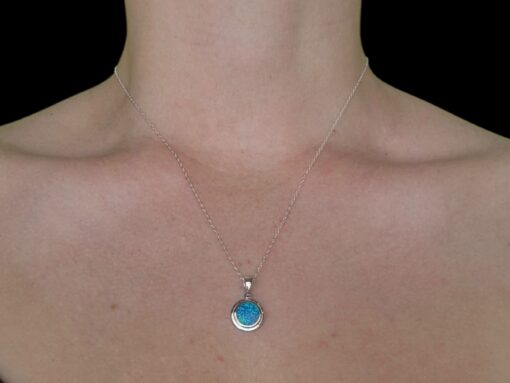 Blue Opal Pendant Radiant Circle Silver Jewelry Wear Shot - Model Shot - Lefkara Silver