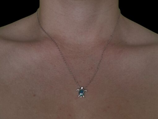 Blue Opal Pendant Starlight Turtle Silver Jewelry Wear Shot - Model Shot - Lefkara Silver