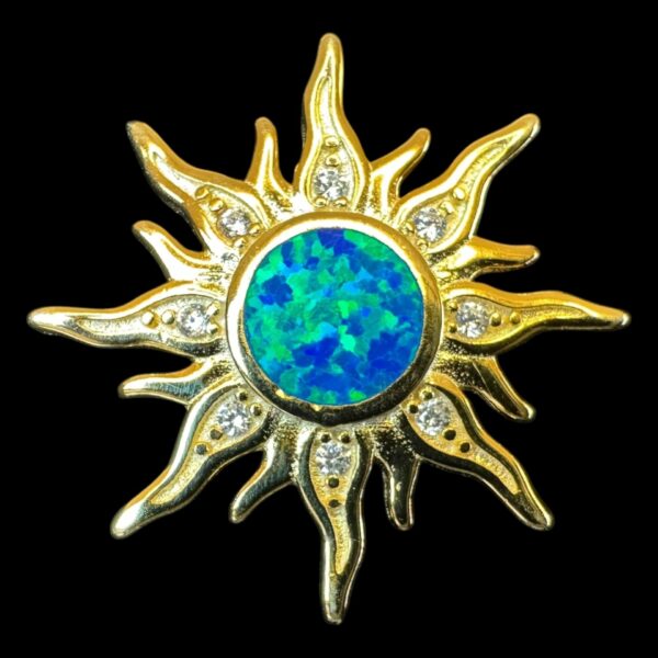 Blue Opal Pendant Sunshine Blessing Gold Plated Jewelry Product Shot - Isolated View - Lefkara Silver