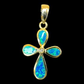 Blue Opal Pendant Teardrop Cross Gold Plated Jewelry Product Shot - Isolated View - Lefkara Silver