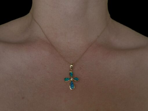 Blue Opal Pendant Teardrop Cross Gold Plated Jewelry Wear Shot - Model Shot - Lefkara Silver