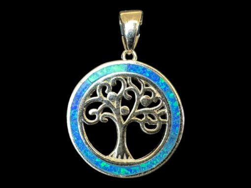 Blue Opal Pendant Tree of Life Halo Silver Jewelry Product Shot - Isolated View - Lefkara Silver