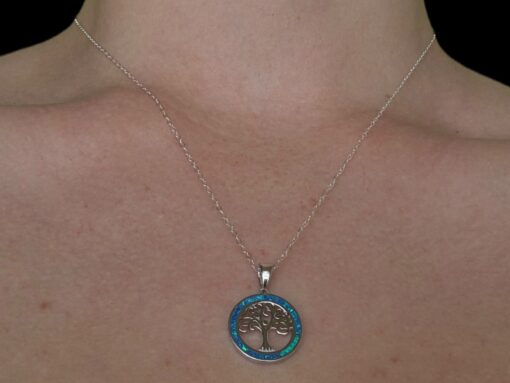 Blue Opal Pendant Tree of Life Halo Silver Jewelry Wear Shot - Model Shot - Lefkara Silver