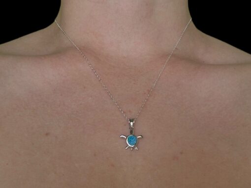 Blue Opal Pendant Turtle Tale Silver Jewelry Wear Shot - Model Shot - Lefkara Silver