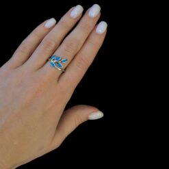 Blue Opal Ring Laurel Branch Silver Jewelry Wear Shot - Model Shot - Lefkara Silver