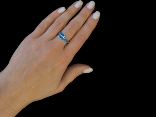 Blue Opal Ring Mosaic Band Silver Jewelry Wear Shot - Model Shot - Lefkara Silver