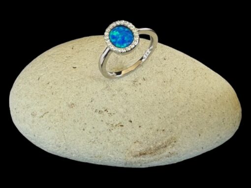 Blue Opal Ring Oval Cluster Silver Jewelry Display Shot - Prop Shot - Lefkara Silver