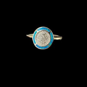 Blue Opal Ring Phaistos Disk Halo Silver Jewelry Product Shot - Isolated View - Lefkara Silver