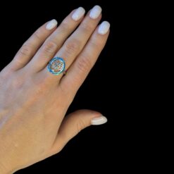 Blue Opal Ring Tree of Life Halo Silver Jewelry Wear Shot - Model Shot - Lefkara Silver