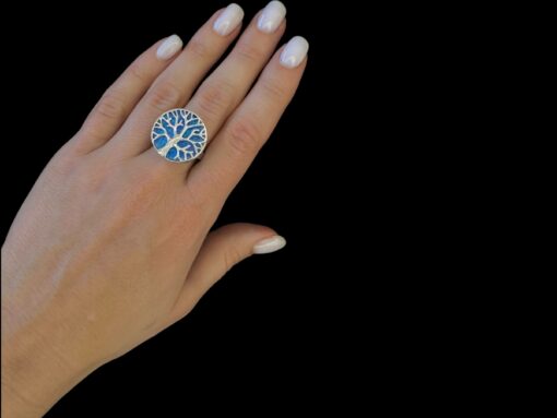 Blue Opal Ring Tree of Life Portal Silver Jewelry Wear Shot - Model Shot - Lefkara Silver