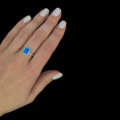 Blue Opal Ring Vintage Bezel Silver Jewelry Wear Shot - Model Shot - Lefkara Silver