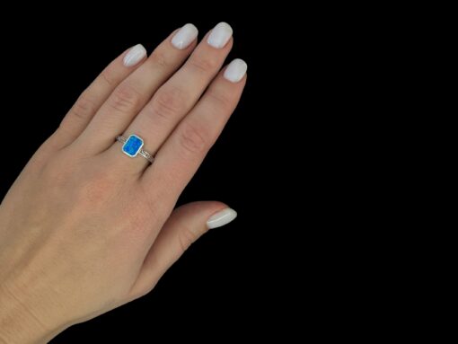 Blue Opal Ring Vintage Bezel Silver Jewelry Wear Shot - Model Shot - Lefkara Silver