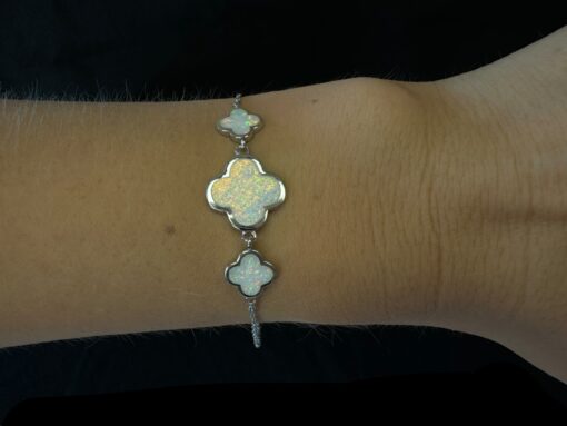 White Opal Bracelet Clover Bloom Silver Jewelry Wear Shot - Model Shot - Lefkara Silver