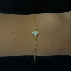 White Opal Bracelet Clover Elegance Gold Plated Jewelry Wear Shot - Model Shot - Lefkara Silver