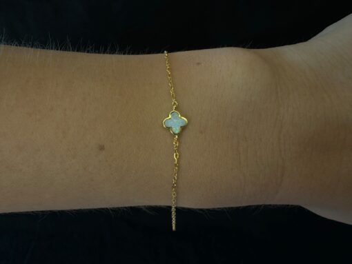 White Opal Bracelet Clover Elegance Gold Plated Jewelry Wear Shot - Model Shot - Lefkara Silver