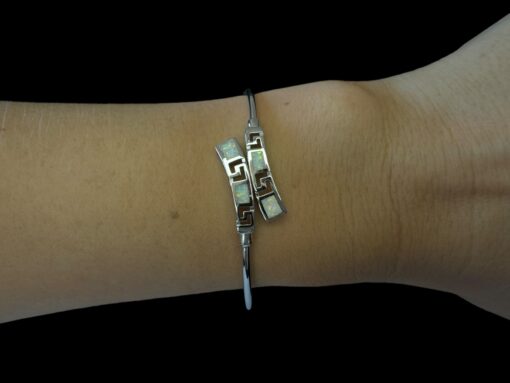 White Opal Bracelet Meander Crossover Silver Jewelry Wear Shot - Model Shot - Lefkara Silver