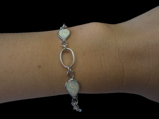 White Opal Bracelet Opalescent Links Silver Jewelry Wear Shot - Model Shot - Lefkara Silver