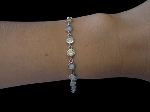 White Opal Bracelet Radiant Circle Silver Jewelry Wear Shot - Model Shot - Lefkara Silver