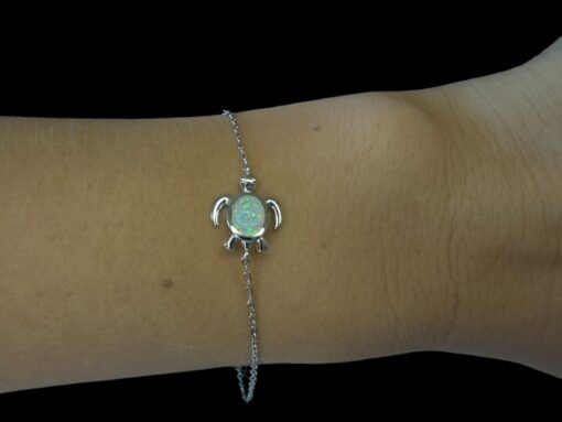 White Opal Bracelet Turtle Tale Silver Jewelry Wear Shot - Model Shot - Lefkara Silver