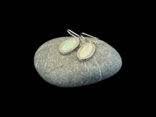 White Opal Earrings Oval Shine Silver Jewelry Display Shot - Prop Shot - Lefkara Silver