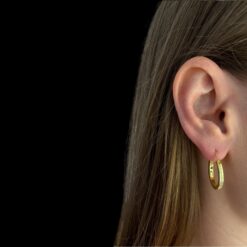 White Opal Earrings Sleek Hoops Gold Plated Jewelry Wear Shot - Model Shot - Lefkara Silver