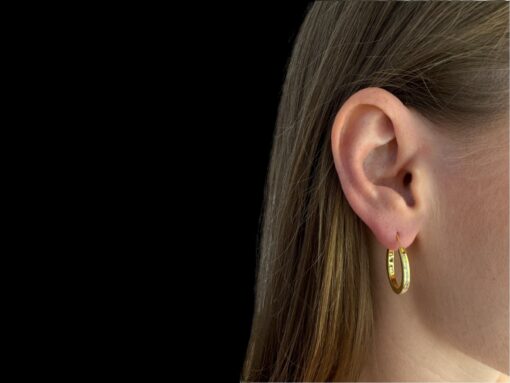 White Opal Earrings Sleek Hoops Gold Plated Jewelry Wear Shot - Model Shot - Lefkara Silver