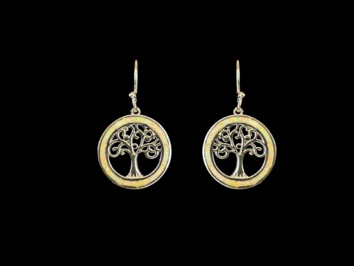 White Opal Earrings Tree of Life Halo Silver Jewelry Product Shot - Isolated View - Lefkara Silver