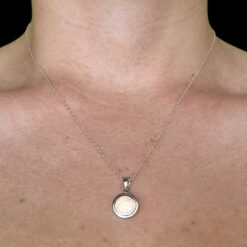 White Opal Pendant Radiant Circle Silver Jewelry Wear Shot - Model Shot - Lefkara Silver